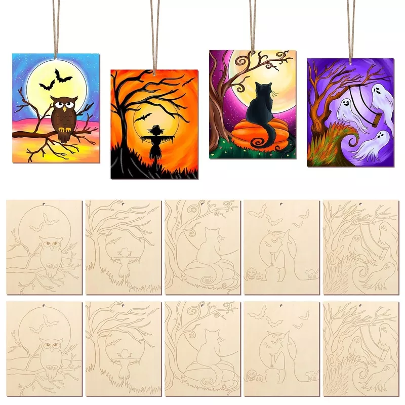 10-Pack Large Unfinished Wood Halloween Ornaments for Painting, 4 4/5 x 5 4/5 Inch, 3mm Thick, 5 Designs with Ropes