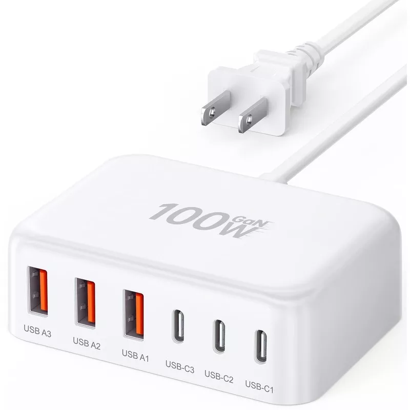 100W GaN 6-Port USB C Charging Station with 5ft Cord, 3 USB-C PD 20W + 3 USB-A QC 18W, Fast Charger Hub Block for Phone Tablet and More