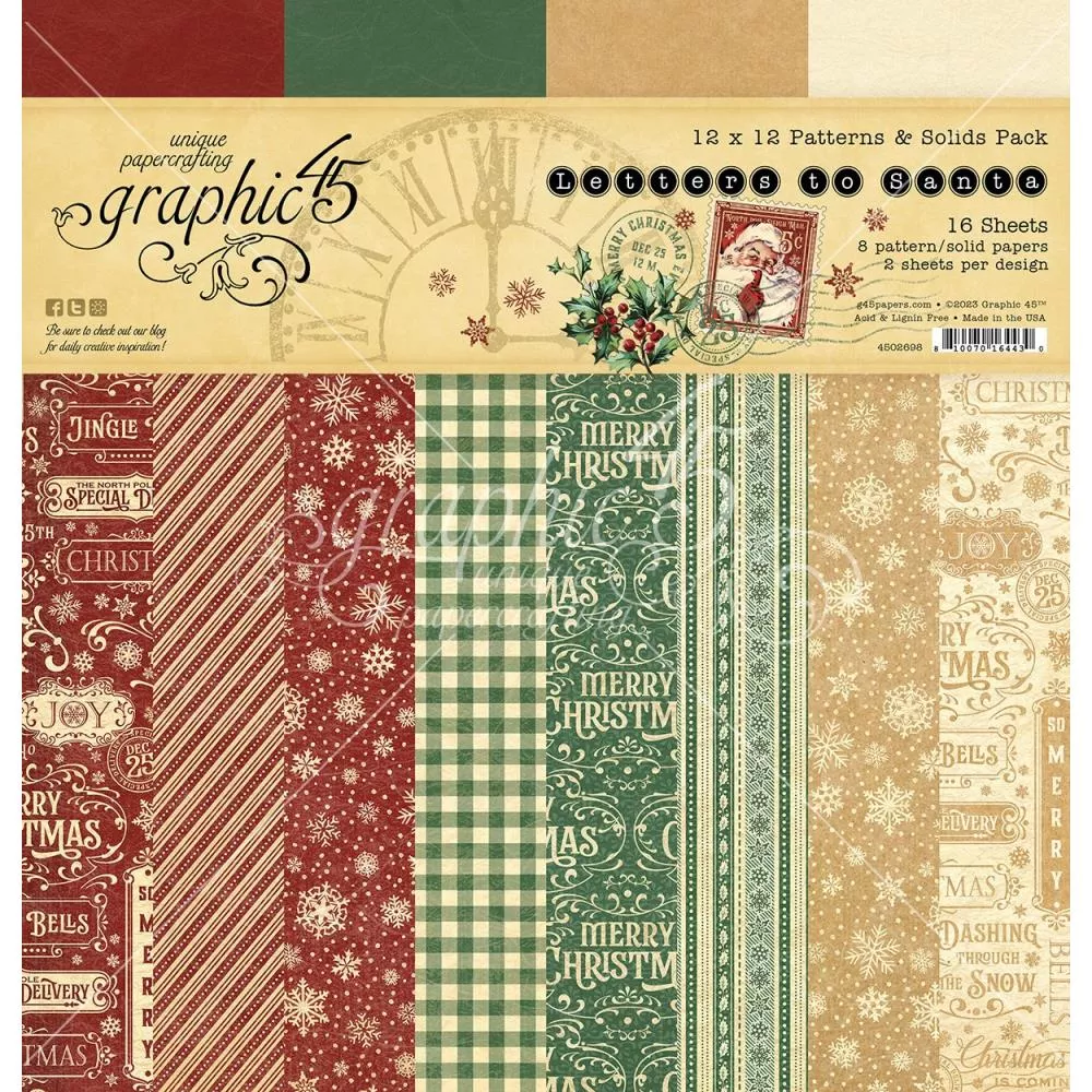 12x12 Paper: Graphic 45 Patterns & Solids Pack-Letters to Santa-12"x12"