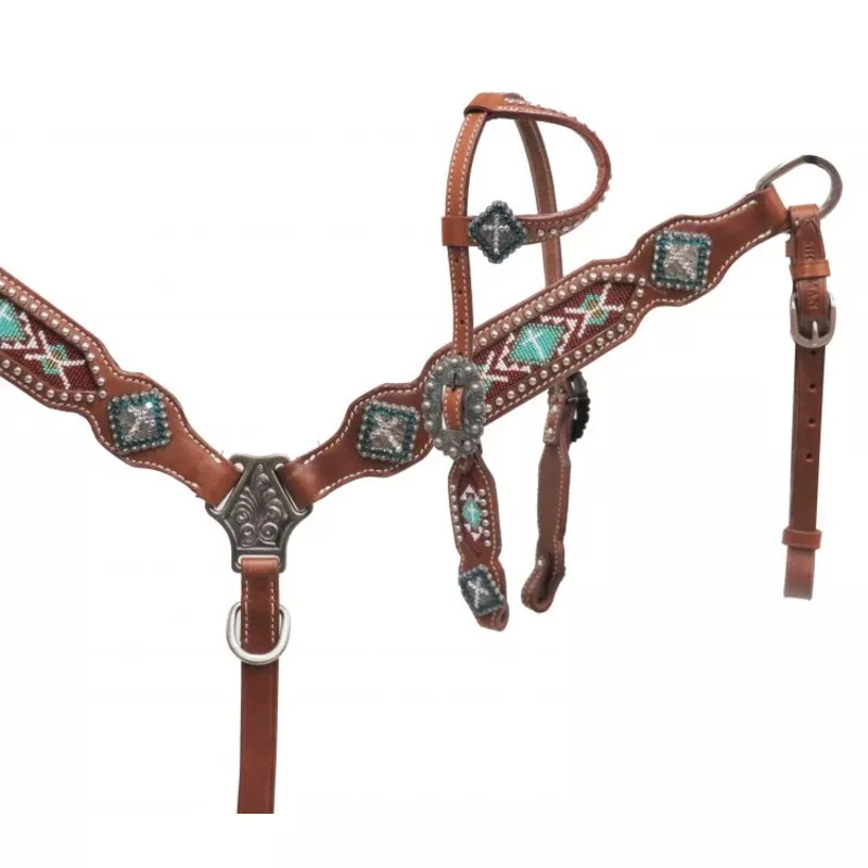 #13654: Showman PONYOne ear headstall with teal beaded inlay