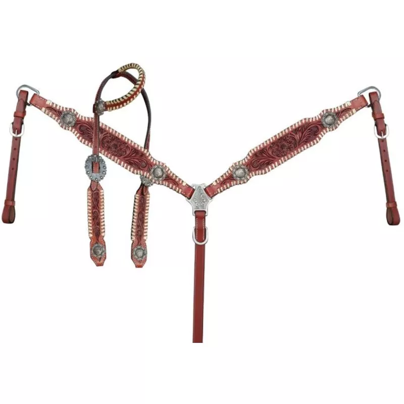 #14309: ShowmanOne Ear Headstall and breast collar set with floral tooling and barrel racer conc