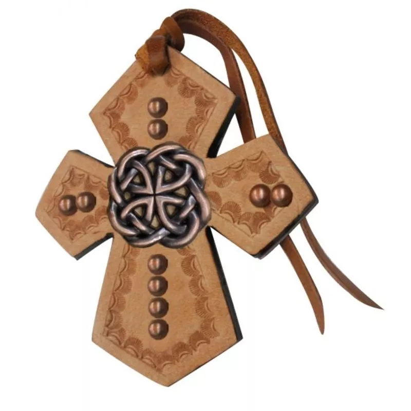 #175543: Showman Leather Tie On Cross with Celtic knot Concho