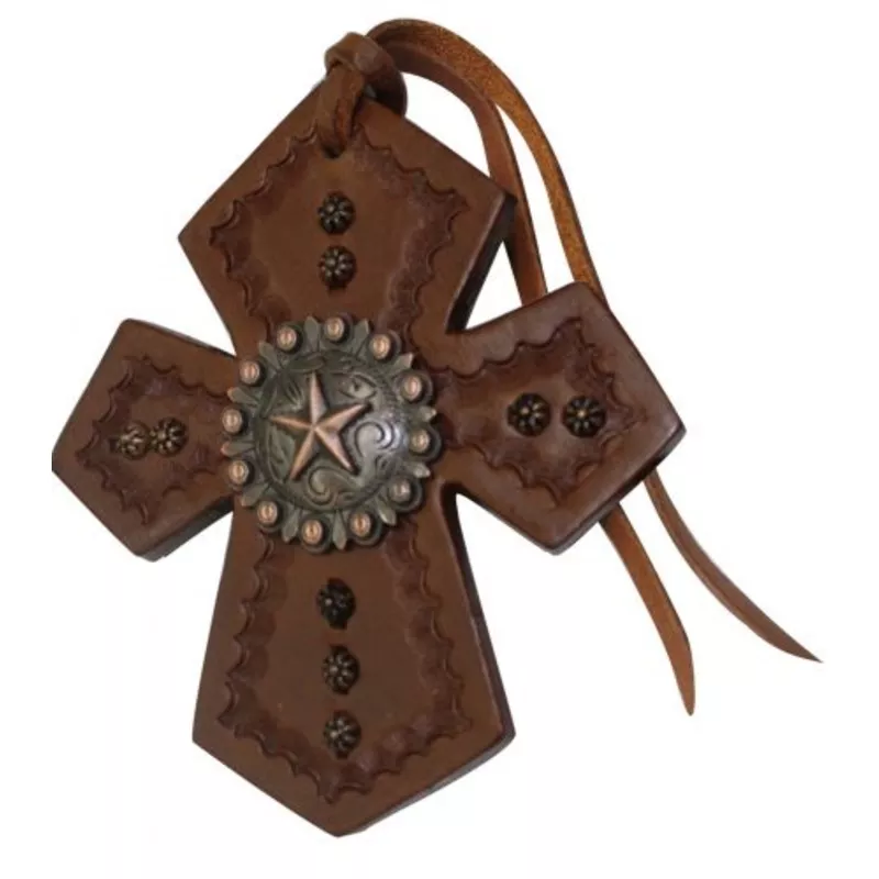 #175546: Showman Leather Tie On Cross with Raised Star Concho