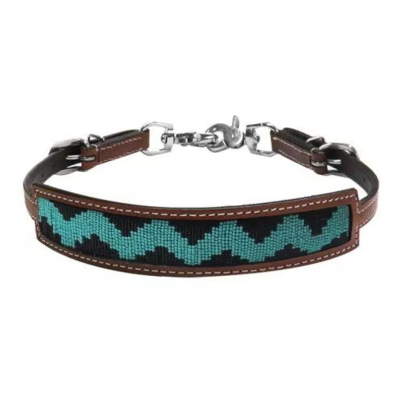#19315: ShowmanMedium leather wither strap with teal and black zig zag beaded inlay