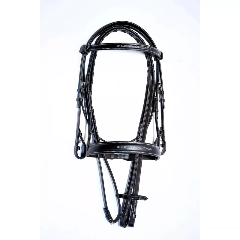 #33 Hunter Snaffle Bridle w/white edge stitching & Fancy Stitiched Brow & Noseband, English Leather Laced Reins