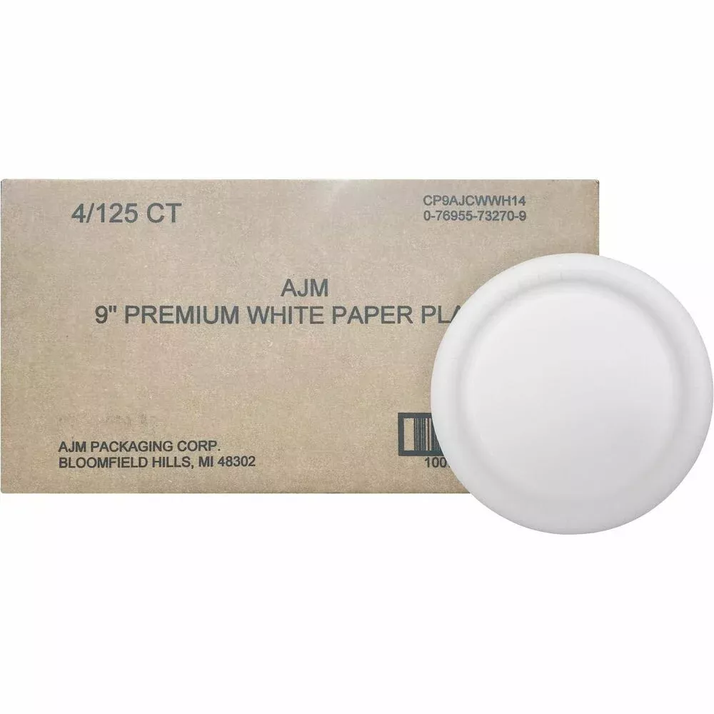AJM Packaging Plates, Coated Paper, Round, 9" Dia, 125/PK, White
