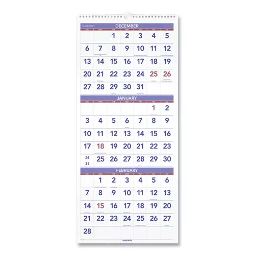 AT-A-GLANCE PM11-28 Deluxe Three-Month Reference Wall Calendar, Vertical Orientation, 12 x 27, White Sheets, 14-Month: Dec 2025 to Jan 2027