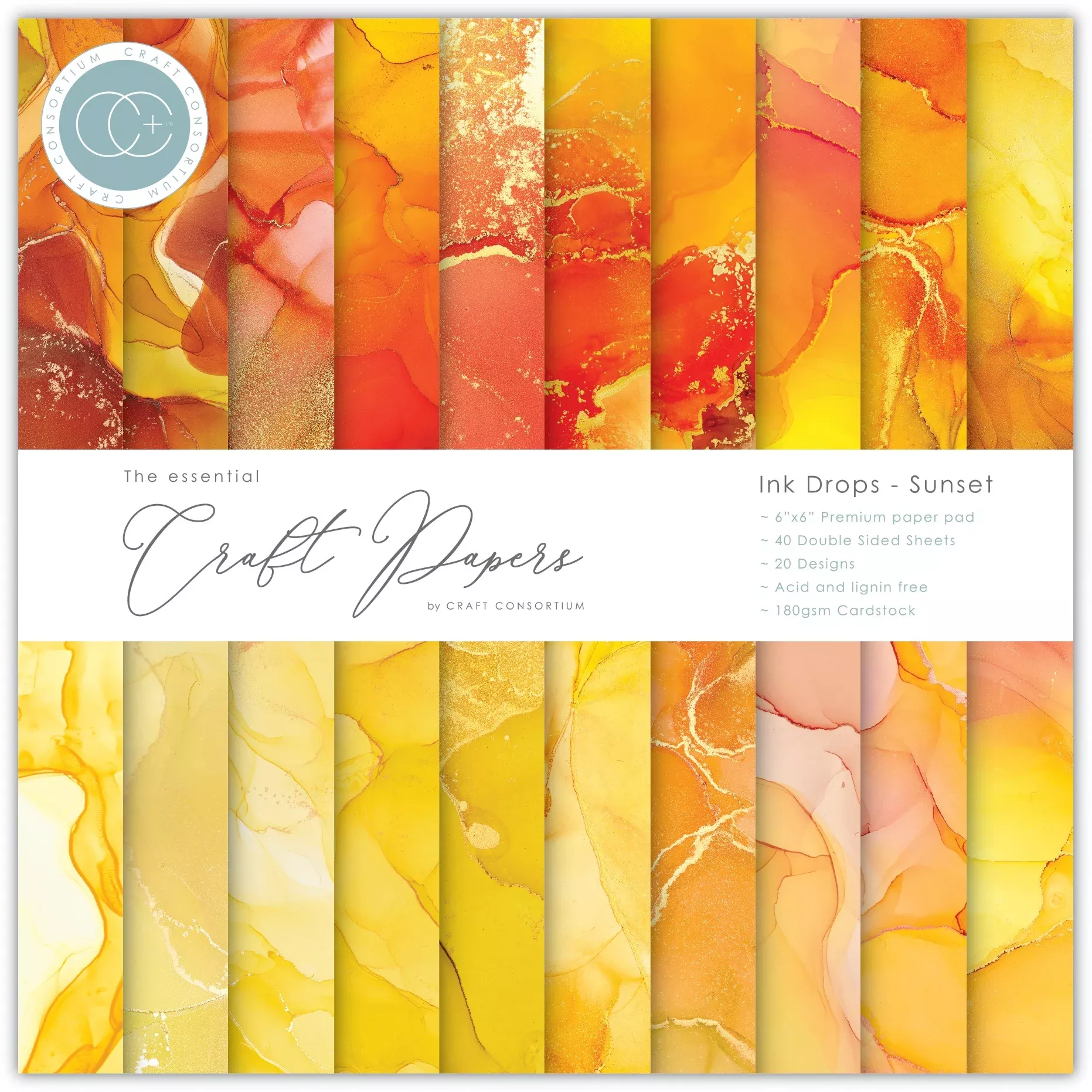 Craft Consortium Double-Sided Paper Pad 6"X6" 40/Pkg Ink Drops - Sunset, 20 Designs