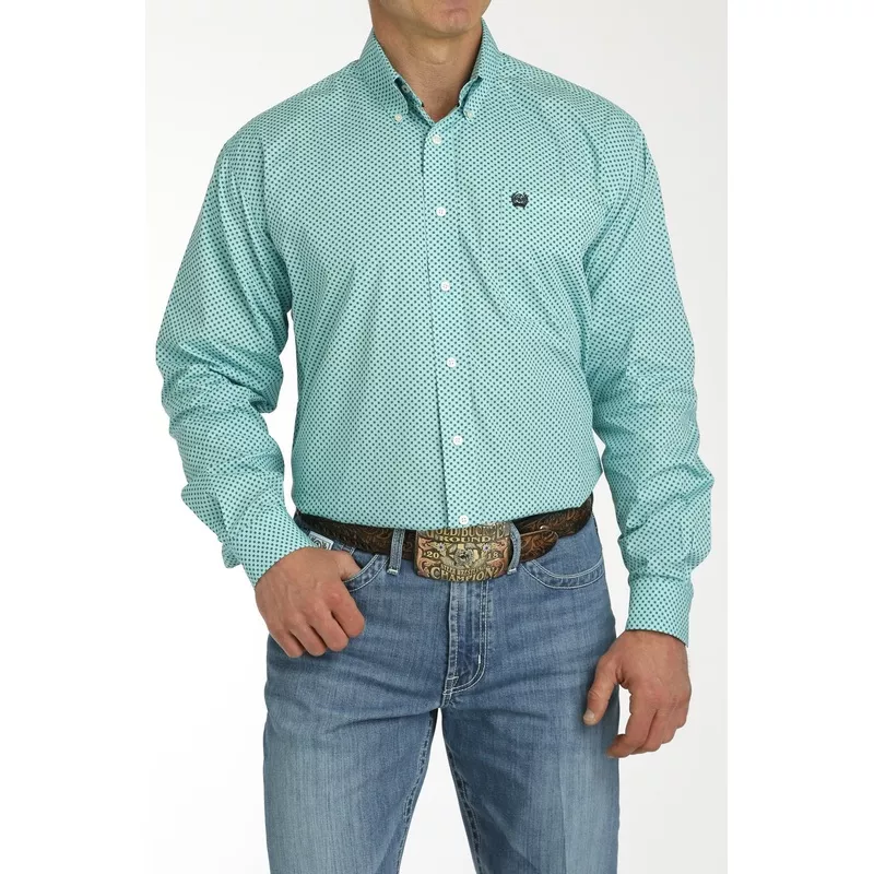 MEN'S GEOMETRIC PRINT BUTTON-DOWN WESTERN SHIRT - TURQUOISE