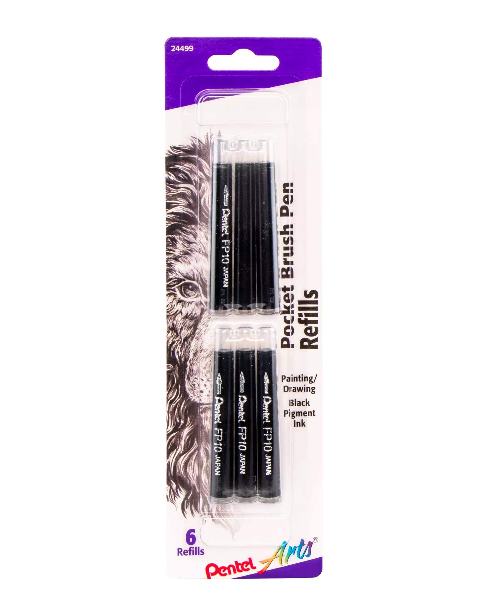 Pentel Arts Pocket Brush Refill, Black, Set of 6