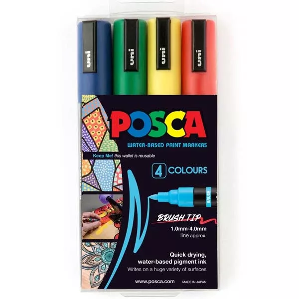 POSCA PC5BR Brush Tip Paint Markers, Assorted Colours, 4Pk