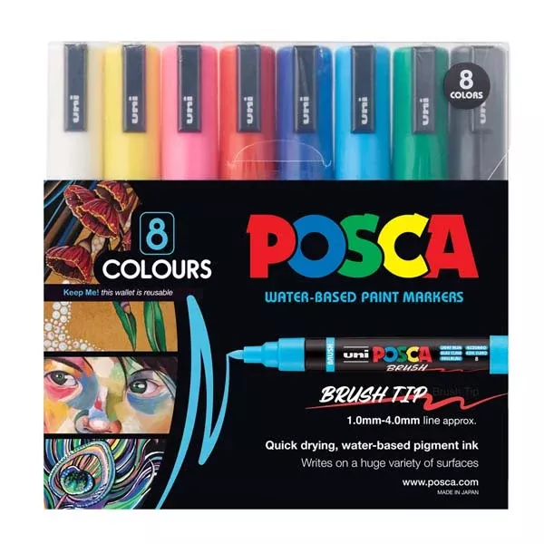 POSCA PC5BR Brush Tip Paint Markers, Assorted Colours, 8Pk