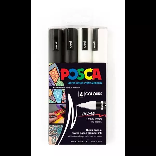 POSCA PC5BR Brush Tip Paint Markers, Black/White, 4Pk