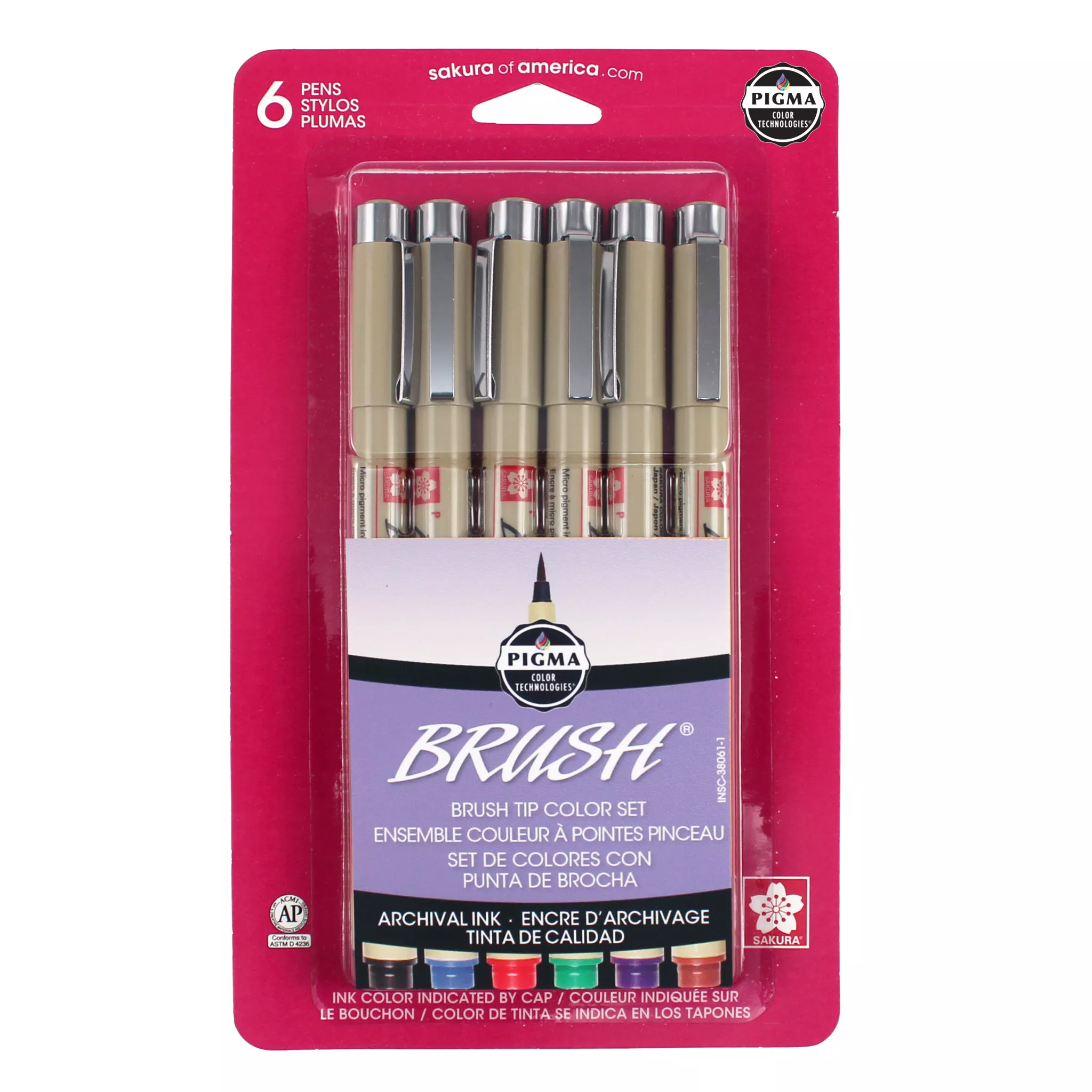 Sakura Pigma Brush Pens, Set of 6, Assorted Colors