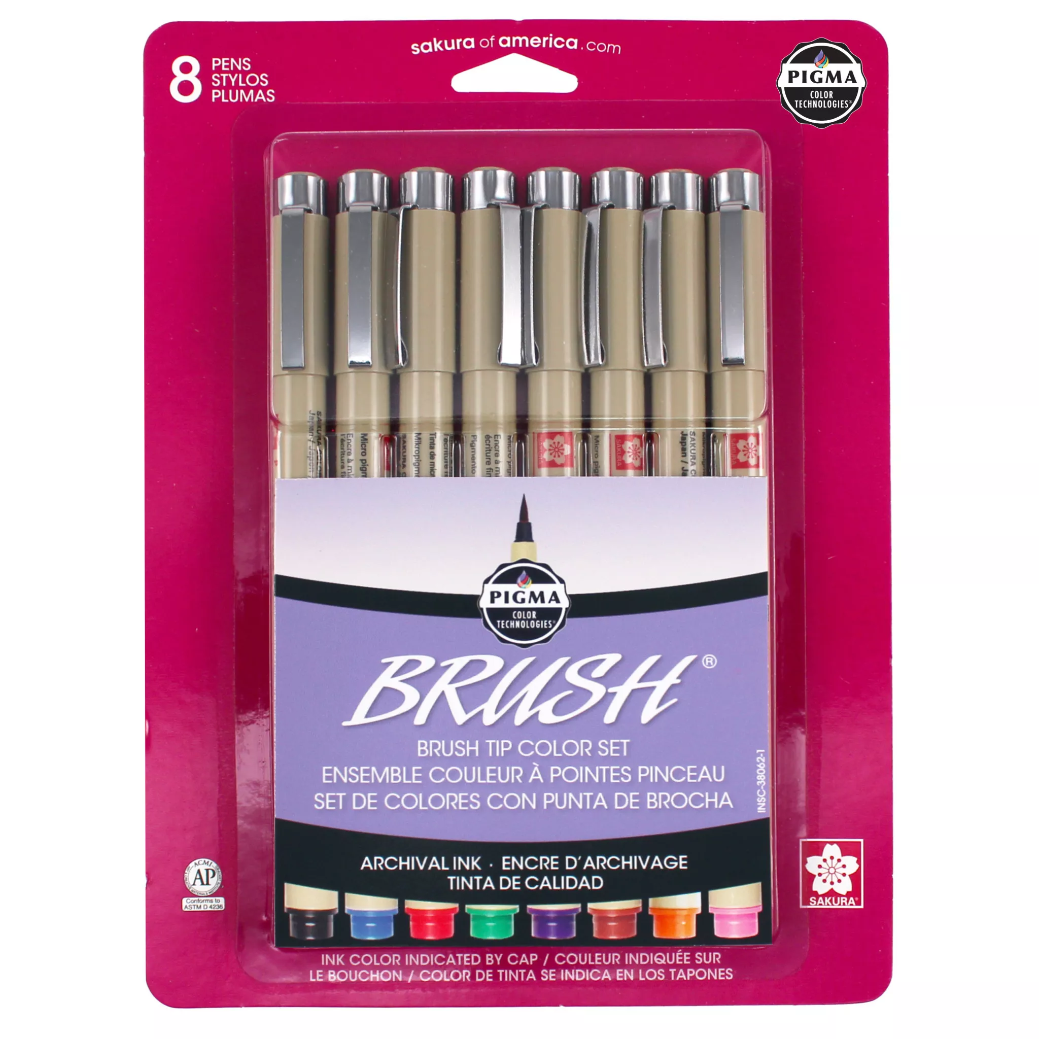 Sakura Pigma Brush Pens, Set of 8, Assorted Colors