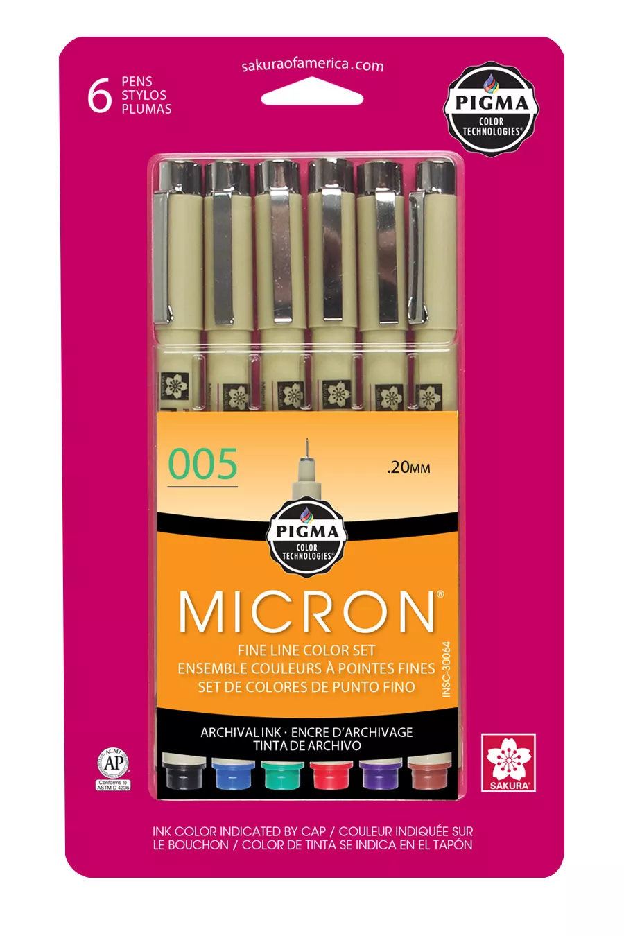 Sakura Pigma Micron 005, Extra Fine Set of 6, Assorted Colors
