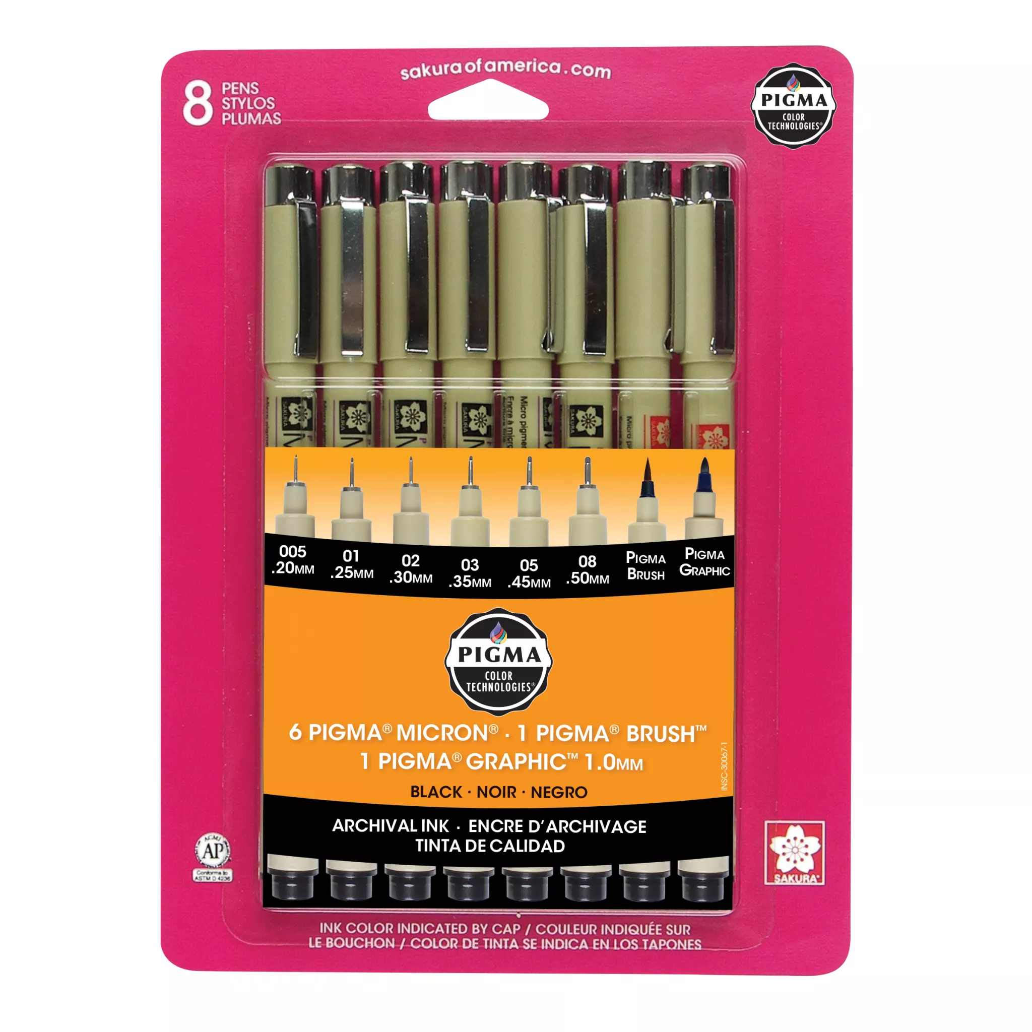 Sakura Pigma Microns, Assorted Set of 8, Black