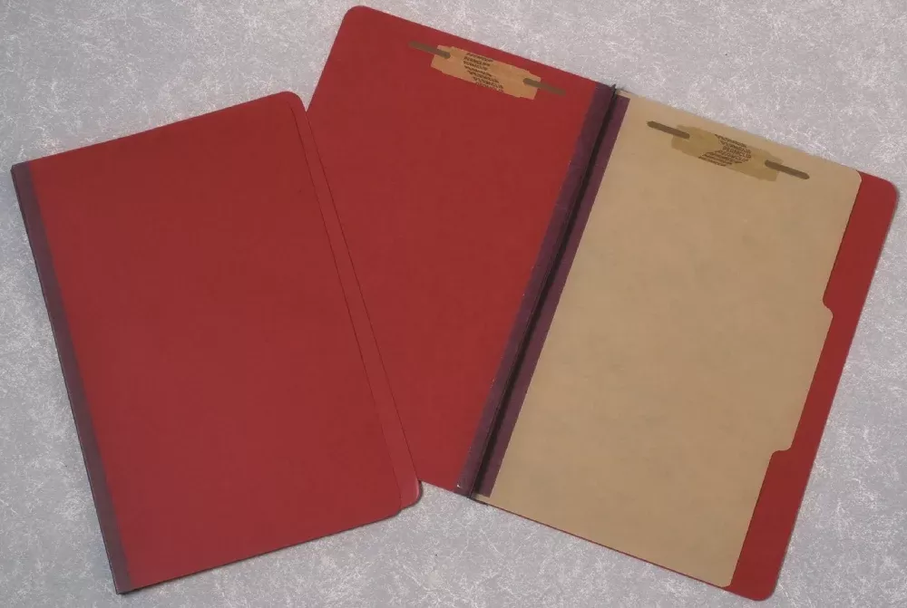 SKILCRAFT Pressboard Classification Folder, 1 Divider, 4 Part, Legal, Dark Red, Package of 10