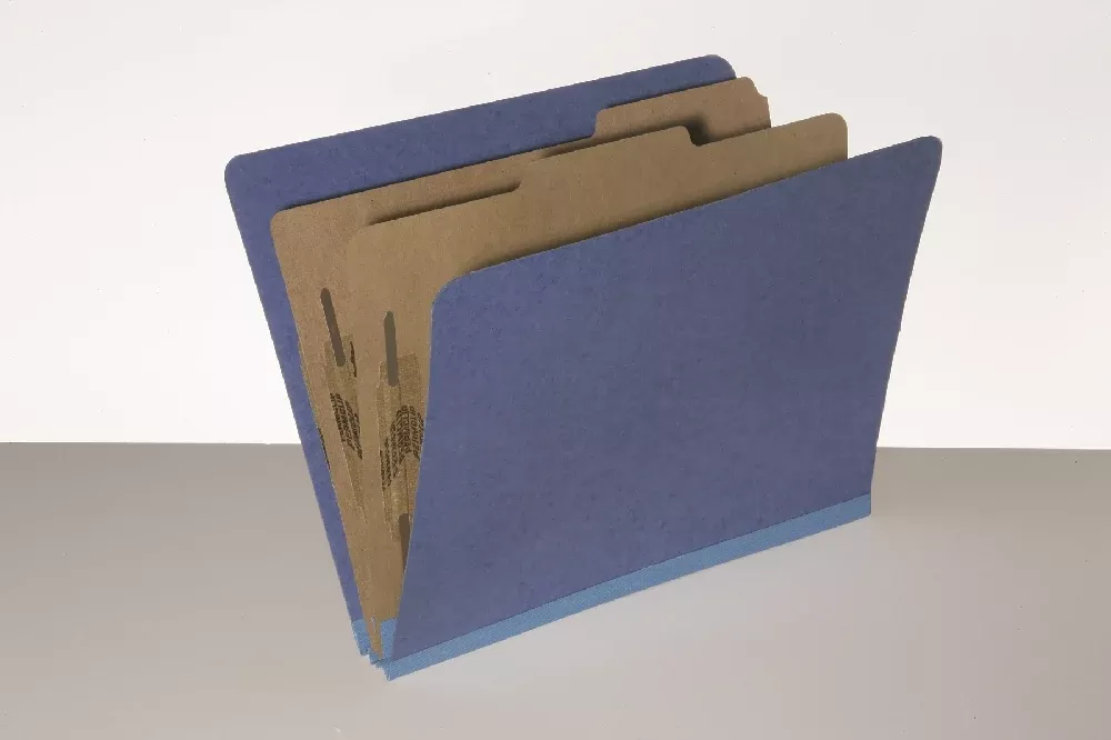SKILCRAFT Pressboard Classification Folder, 2 Divider, 6 Part, Letter, Dark Blue, Package of 10
