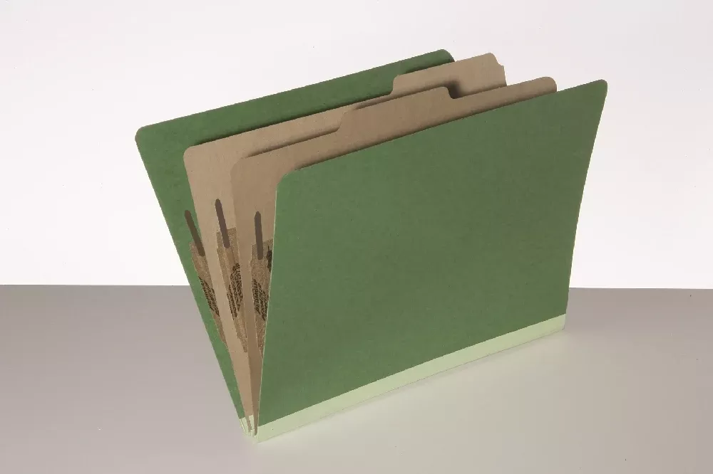 SKILCRAFT Pressboard Classification Folder, 2 Divider, 6 Part, Letter, Dark Green, 10/Box, 1 Box
