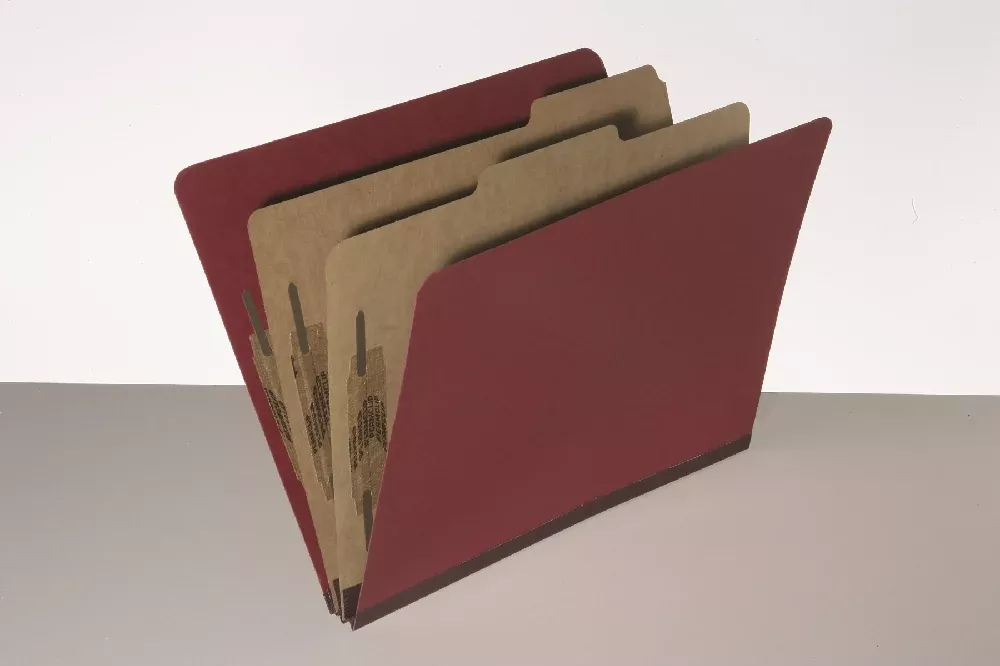SKILCRAFT Pressboard Classification Folder, 2 Divider, 6 Part, Letter, Dark Red, 10/Box, 1 Box