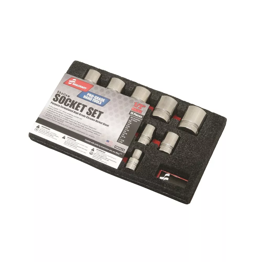 SKILCRAFT Pro-Grade Socket Set, 1/2" Drive SAE 12-Point Sockets, 13 Piece Set, Case of 4 Sets