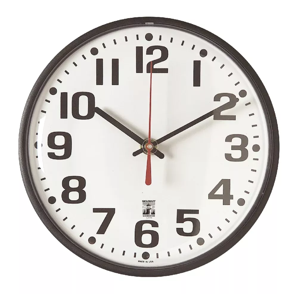 SKILCRAFT Self-Set Wall Clock, Plastic Slimline Frame, 9.25" Diameter, Black Case/White Face, 1 Each