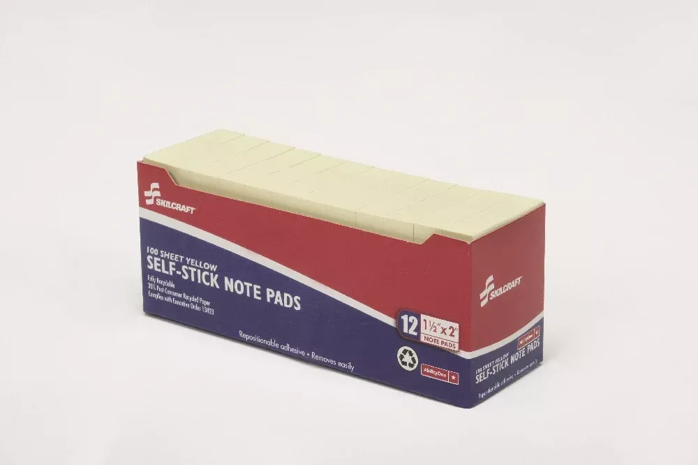 SKILCRAFT Self-Stick Note Pad, Plain, 100 Sheets, 1-1/2" x 2", Yellow, 1 Dozen