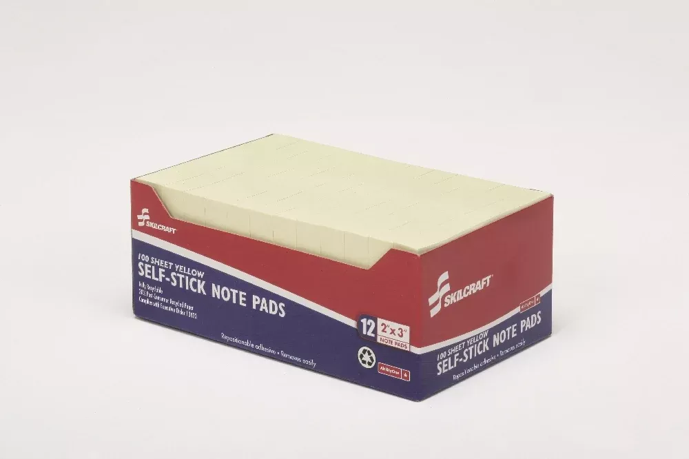 SKILCRAFT Self-Stick Note Pad, Plain, 100 Sheets, 2" x 3", Yellow, 1 Dozen