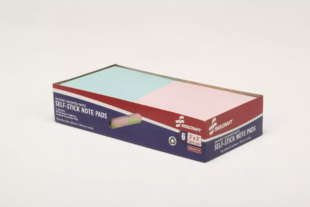 SKILCRAFT Self-Stick Note Pad, Plain, 100 Sheets, 3" x 3", Assorted Pastel, Package of 6