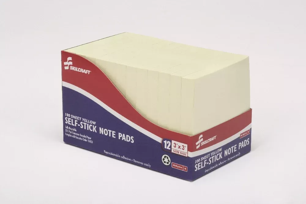 SKILCRAFT Self-Stick Note Pad, Plain, 100 Sheets, 3" x 3", Yellow, 1 Dozen