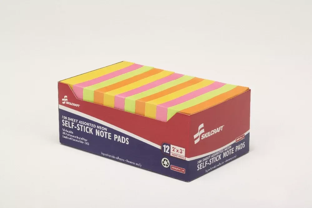 SKILCRAFT Self-Stick Note Pad, Plain, 2" x 3", Neon, Package of 12