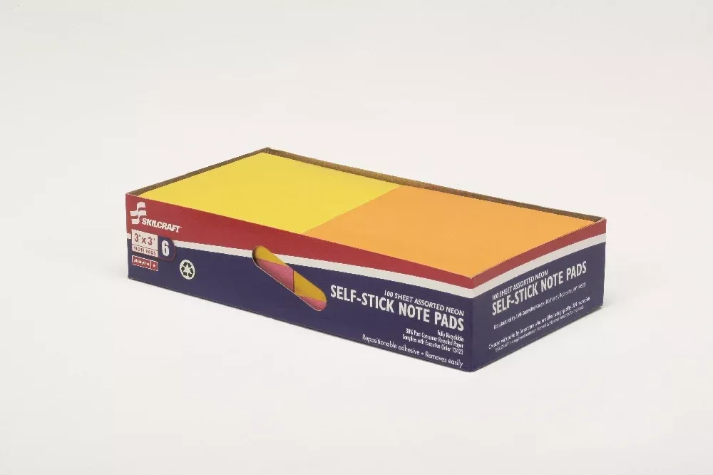 SKILCRAFT Self-Stick Note Pad, Plain, 3" x 3", Neon, Package of 6