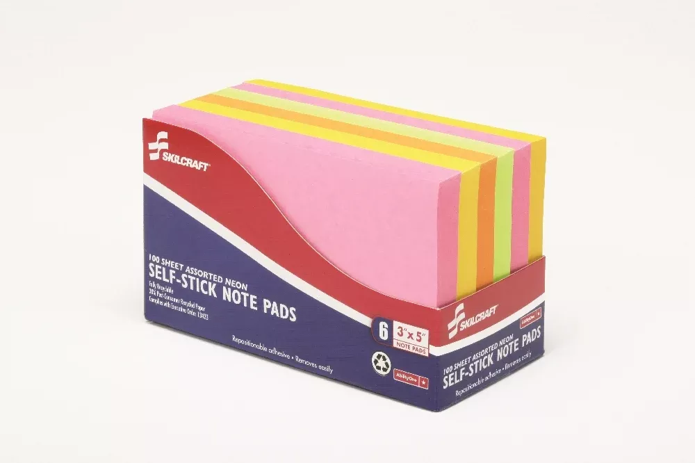 SKILCRAFT Self-Stick Note Pad, Plain, 3" x 5", Neon, Package of 6