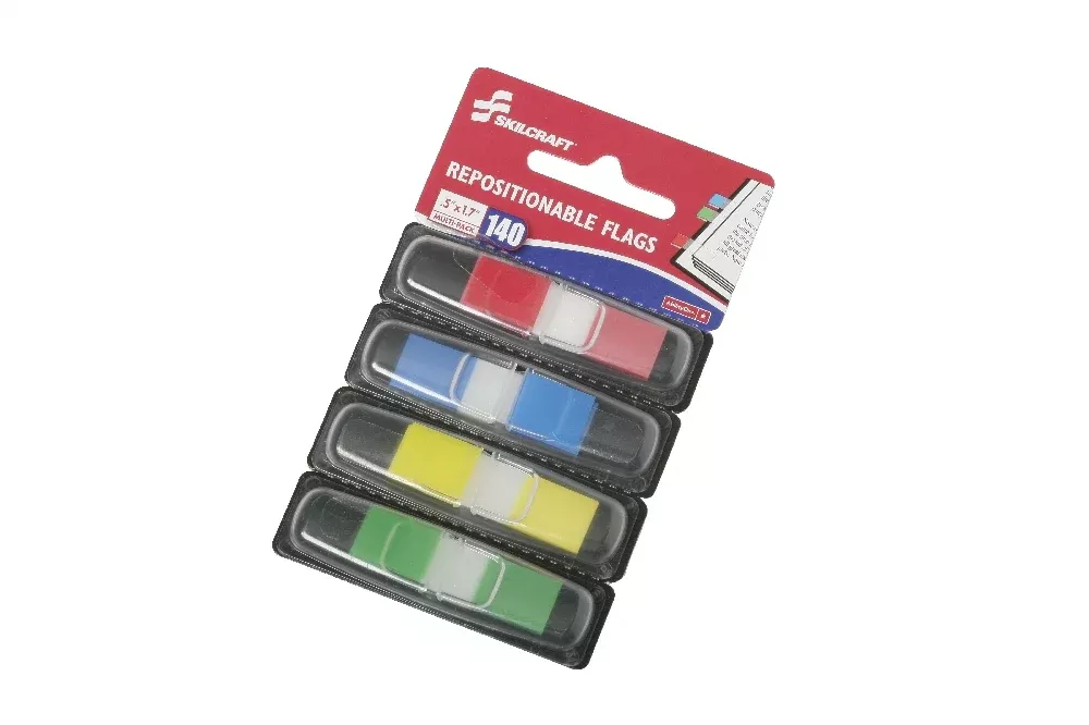SKILCRAFT Self-Stick Repositionable Flags, 1" x 1.75", Assorted Colors, 140/Package, 1 Package