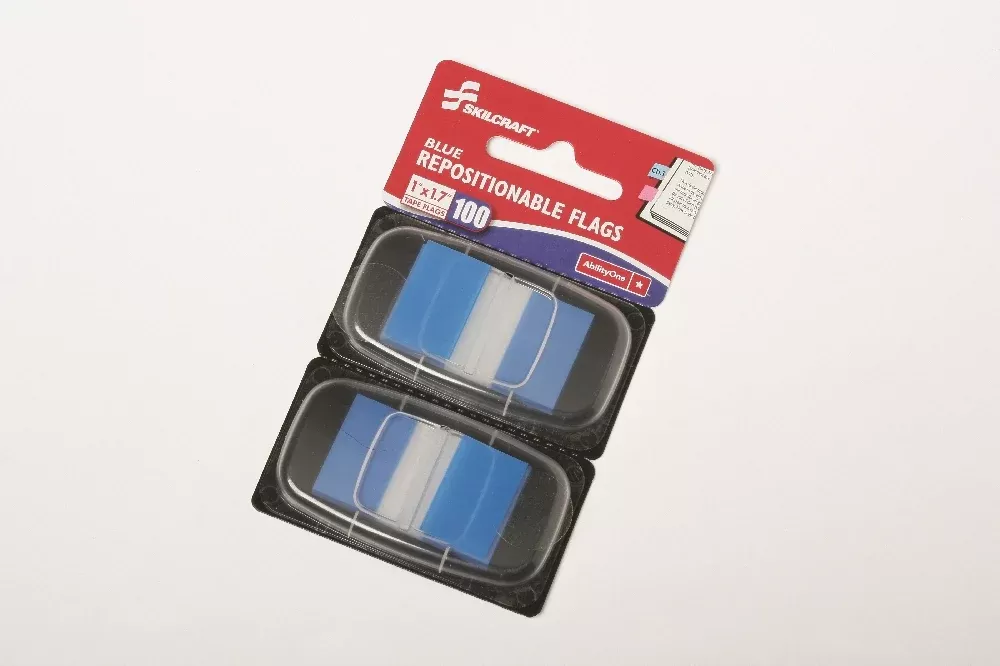 SKILCRAFT Self-Stick Repositionable Flags, 1" x 1.75", Blue, 100/Package, 1 Package