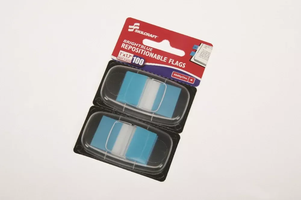 SKILCRAFT Self-Stick Repositionable Flags, 1" x 1.75", Bright Blue, 100/Package, 1 Package