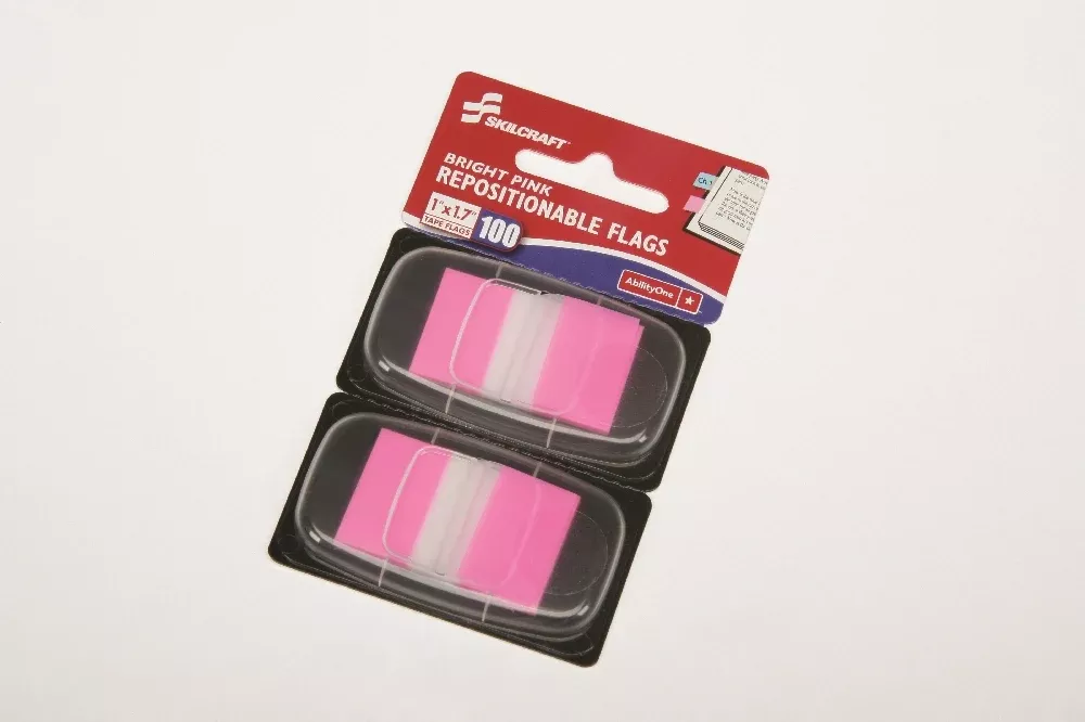 SKILCRAFT Self-Stick Repositionable Flags, 1" x 1.75", Bright Pink, 100/Package, 1 Package