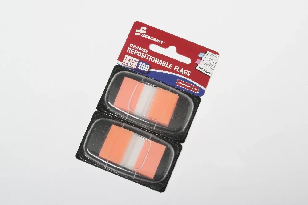 SKILCRAFT Self-Stick Repositionable Flags, 1" x 1.75", Orange, 100/Package, 1 Package