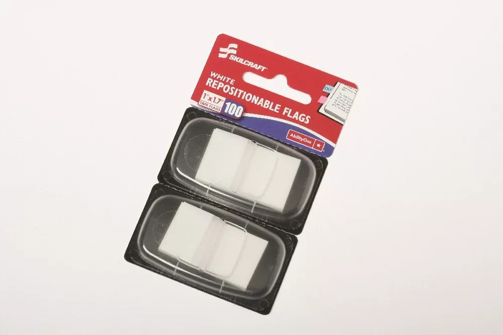 SKILCRAFT Self-Stick Repositionable Flags, 1" x 1.75", White, 100/Package, 1 Package