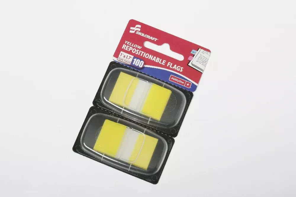 SKILCRAFT Self-Stick Repositionable Flags, 1" x 1.75", Yellow, 100/Package, 1 Package