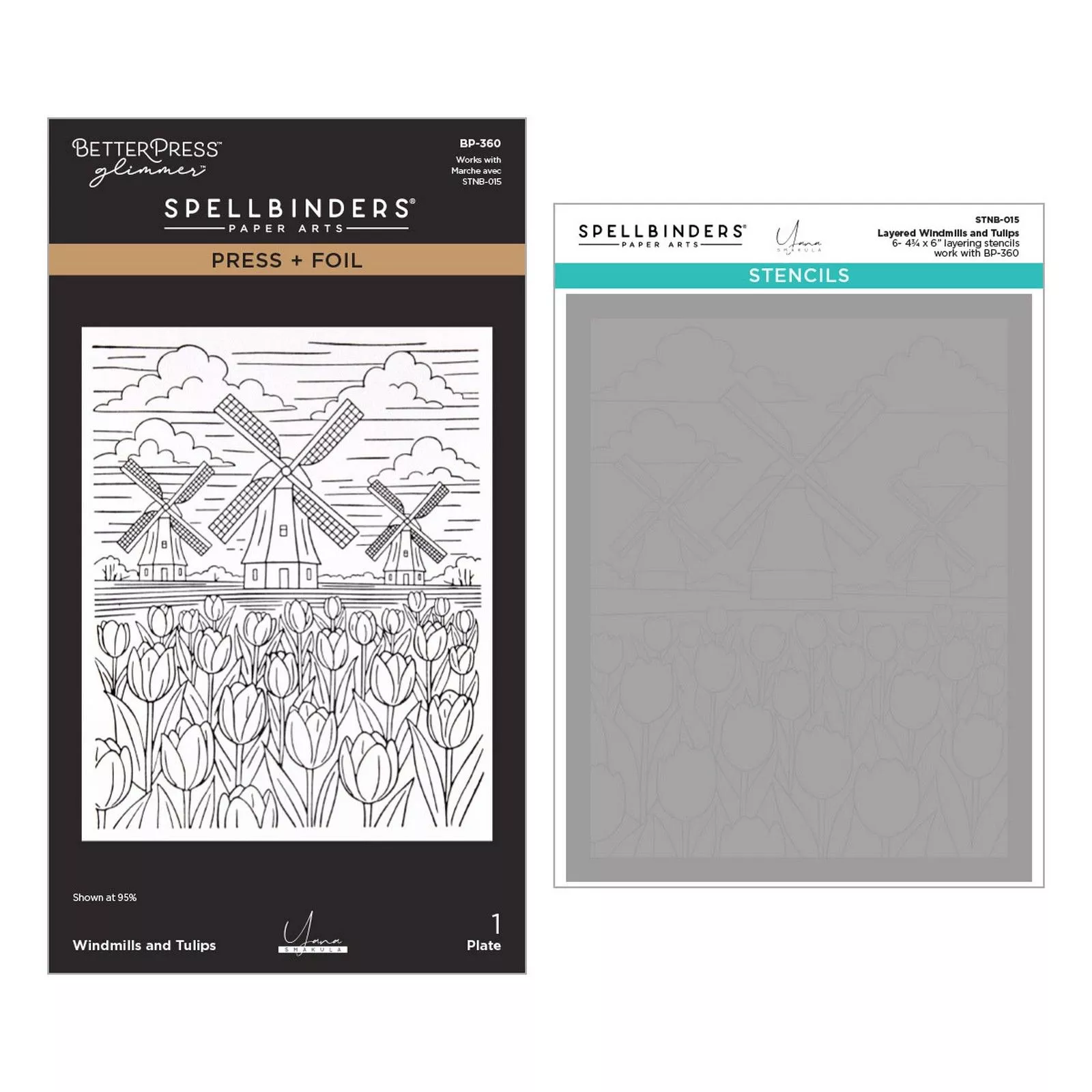 Spellbinders • BetterPress Press + Foil Plate & Stencil Bundle Windmills & Tulips 6pcs