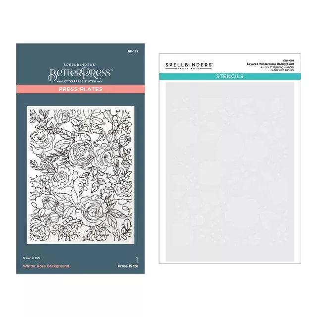 Spellbinders - Handmade Holidays Collection - Press Plate & Stencils Bundle - Winter Rose Background