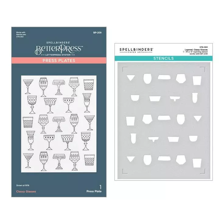 Spellbinders - Happy Hour Collection - Press Plate & Stencils Bundle - Layered Classy Glasses