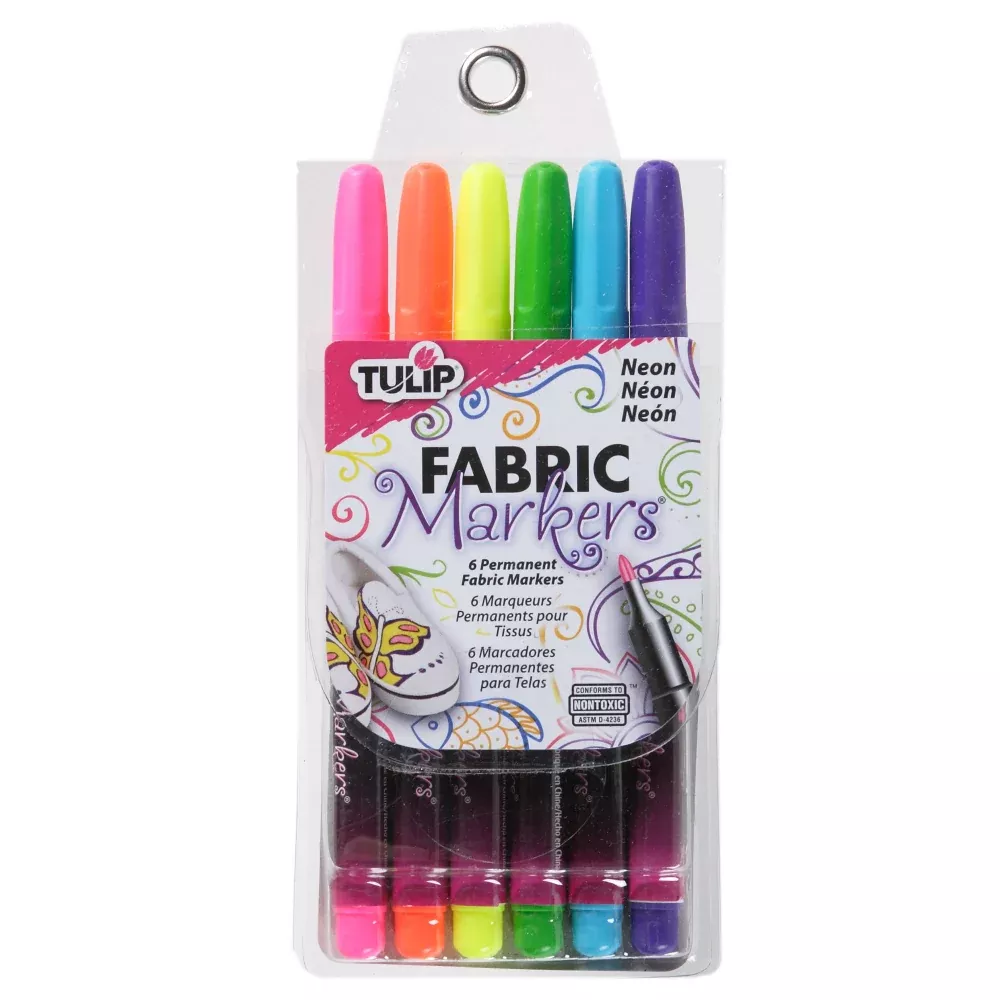 Tulip Fine Tip Fabric Markers, Neon Colours, 6Pk