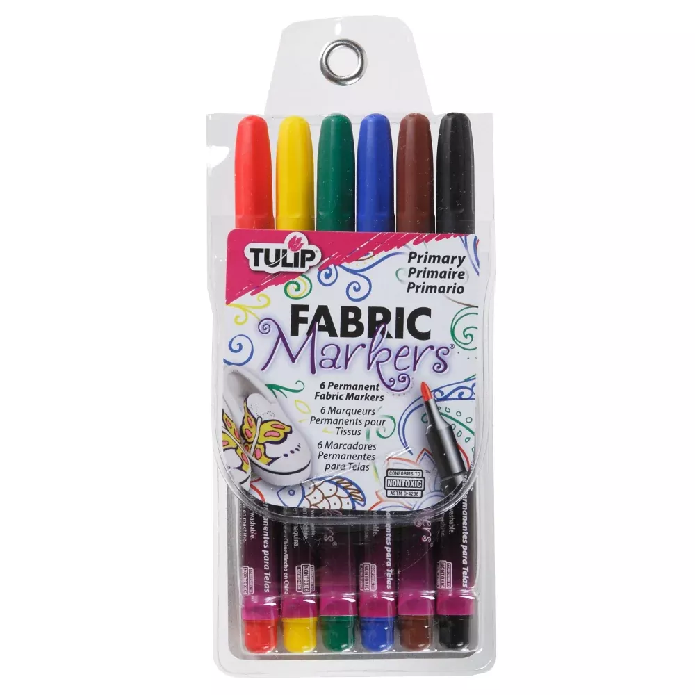 Tulip Fine Tip Fabric Markers, Primary Colours, 6Pk